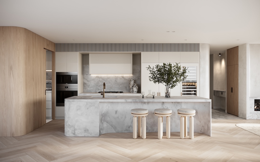 Interior kitchen of a Mosman luxury apartment with marble island and timber joinery