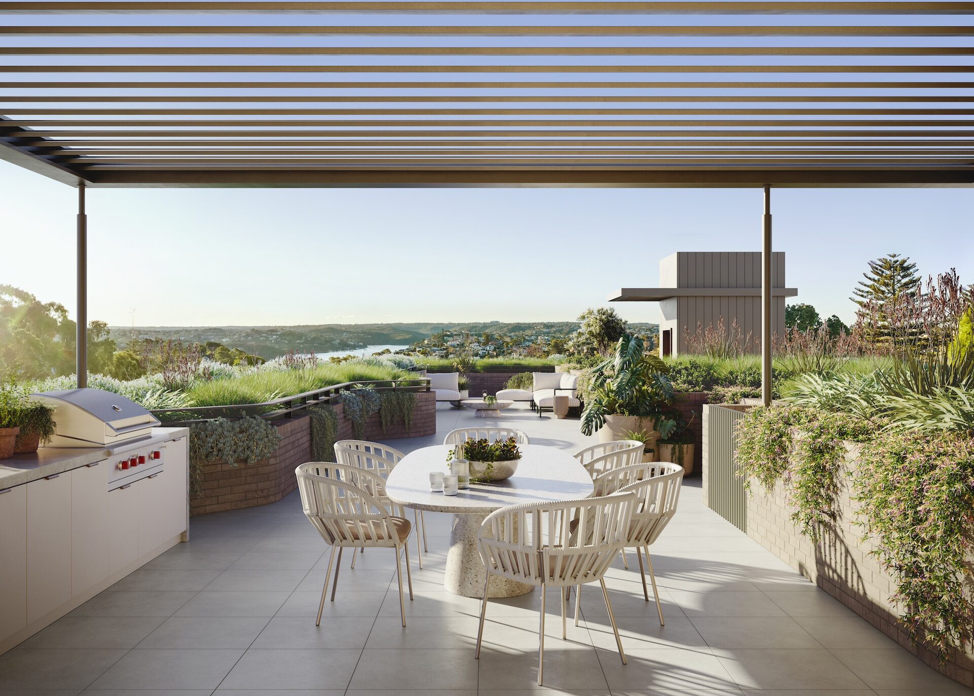 Rooftop terrace at the Mosman development with outdoor kitchen and harbour views